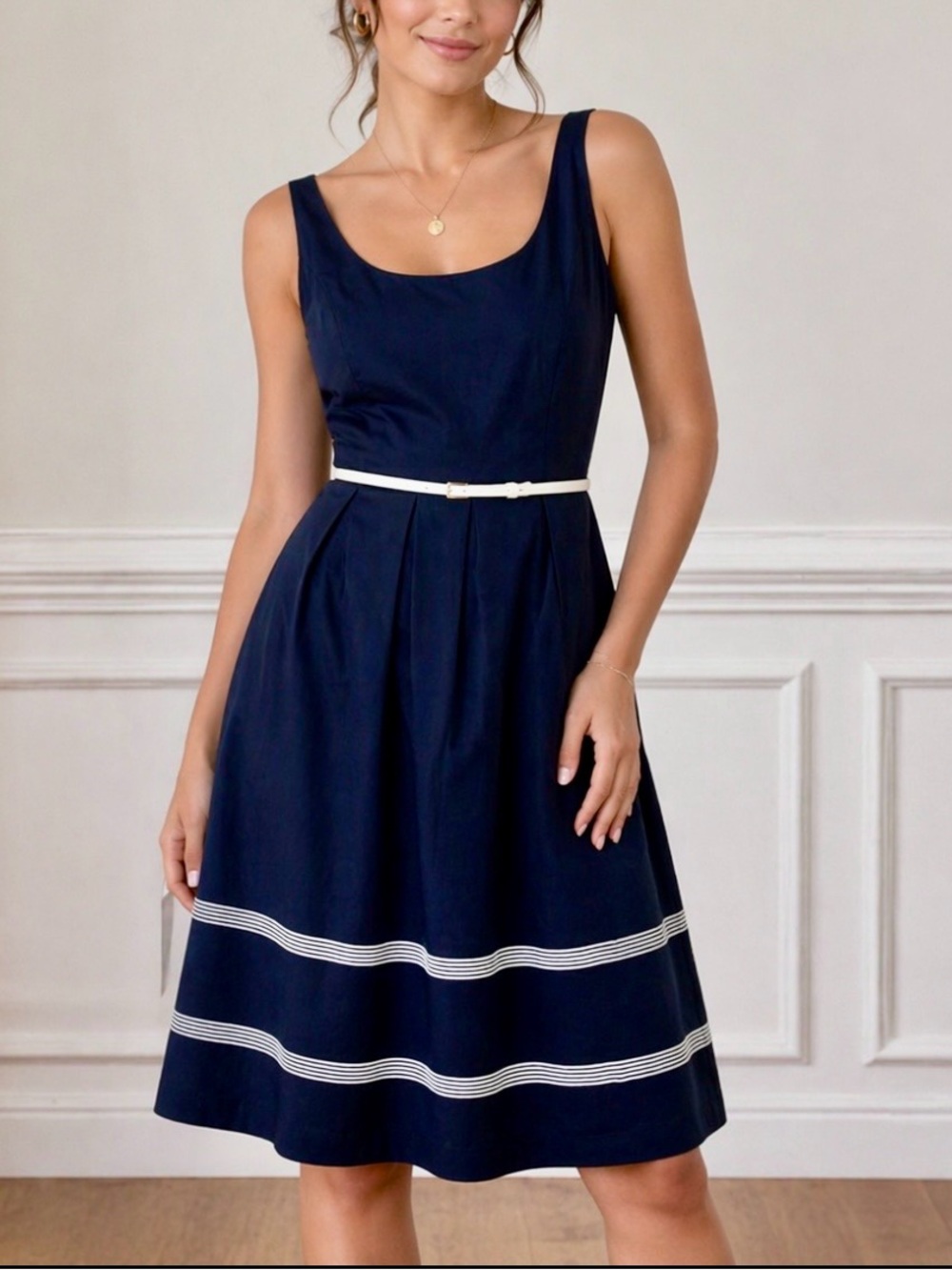 Nine West Sleeveless Navy Midi Dress with White Stripe Detail
